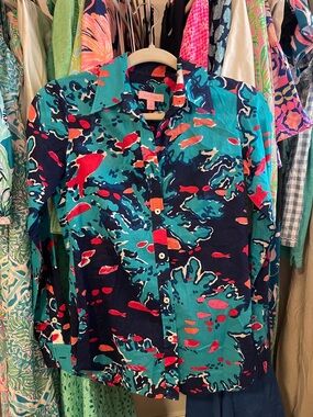 Lilly Pulitzer Teal Navy Pink Button-Down Shirt 100% Cotton